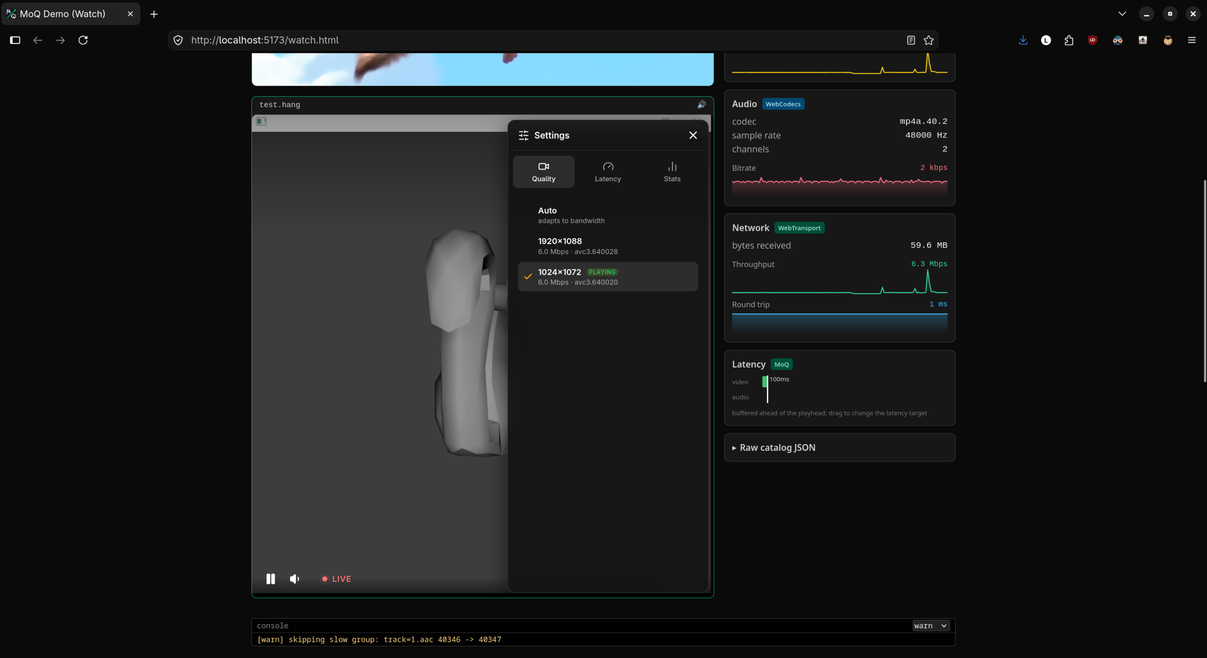The first video track can be played in the MOQ frontend